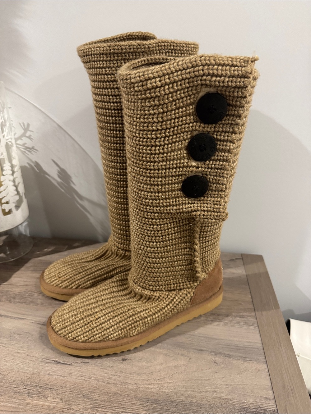UGG Tall Knit Back-Button Boots in Light Brown Size 9
